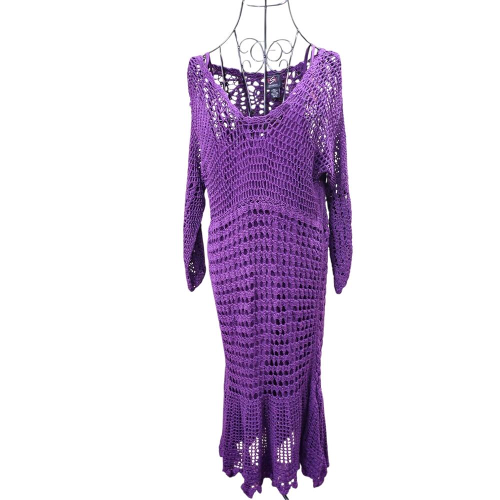 Bohemian  70s  80s Purple  Crocheted Midi  Dress Hippie Size XL Made in India